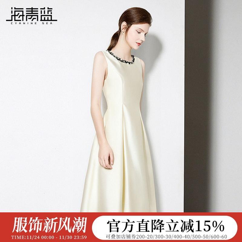 海青蓝无袖钉珠连衣裙