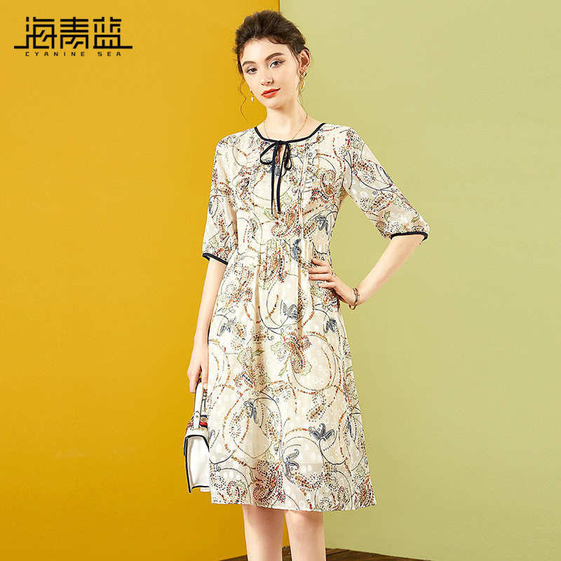 海青蓝法式复古印花连衣裙春夏新款女装时尚修身显瘦裙子