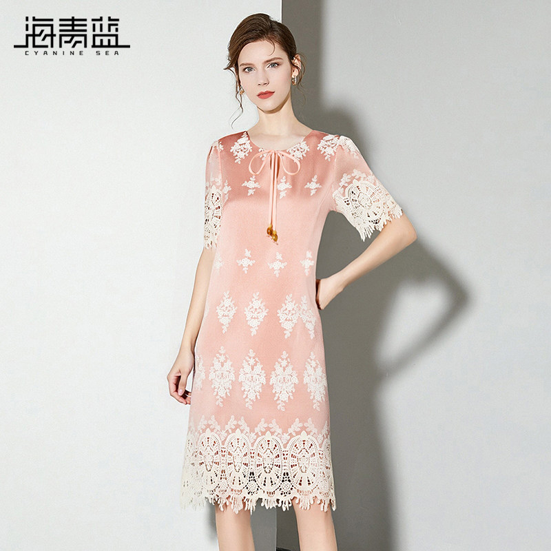 海青蓝 轻熟小众不撞款裙子蕾丝花边系带高级女装海边度假连衣裙