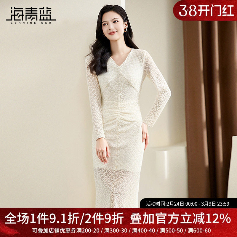 海青蓝优雅气质蕾丝连衣裙女装2025春装新款修身显瘦纯色长袖裙子