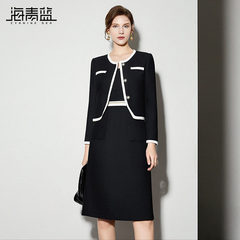 海青蓝 套装连衣裙高级感2026年新款冬季时尚气质法式女装撞色裙