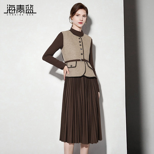 海青蓝 连衣裙套装女2025新款冬装背心马甲女装时尚气质百褶裙子