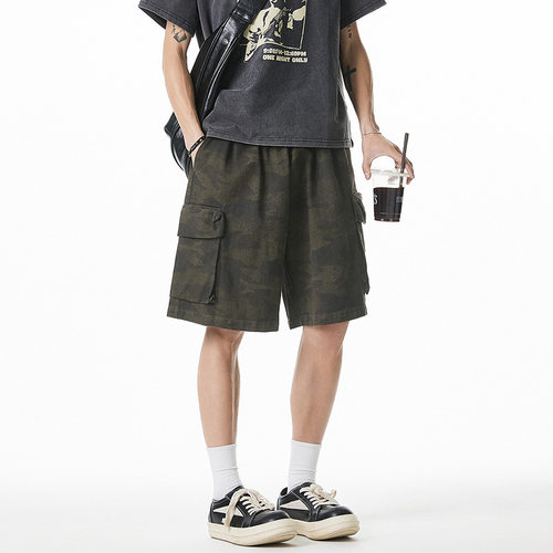 质感帆布迷彩工装短裤男夏季新款宽松美式潮牌大口袋休闲五分裤子