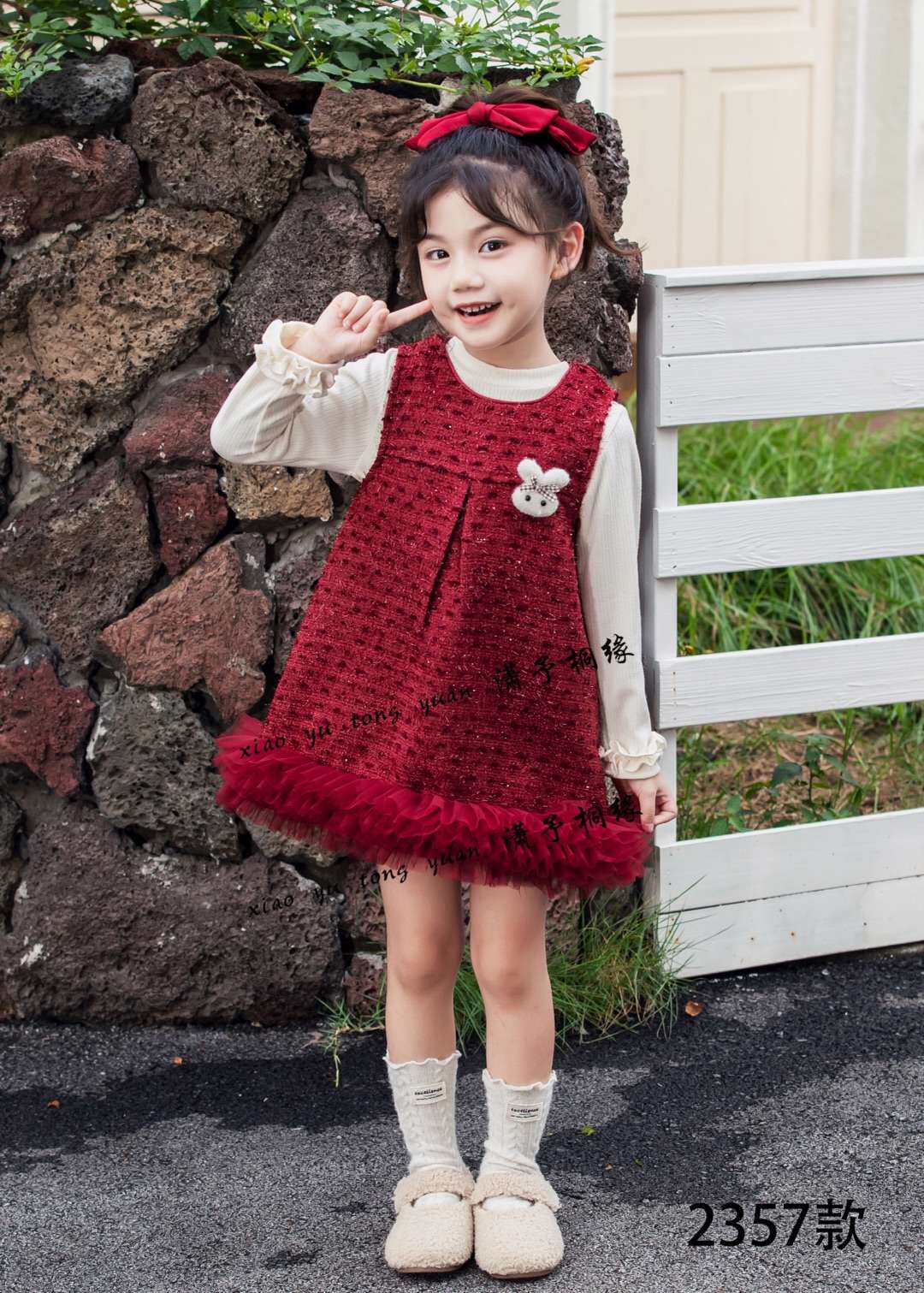 女童背带裙套装宝宝拜年儿童连衣裙红色春装加厚公主裙子