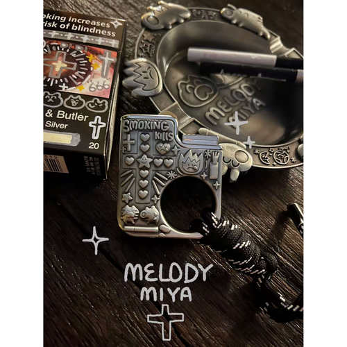 MELODY弥桠银色做旧复古十字架猫狗肯恩滚轮充气卡通打火机