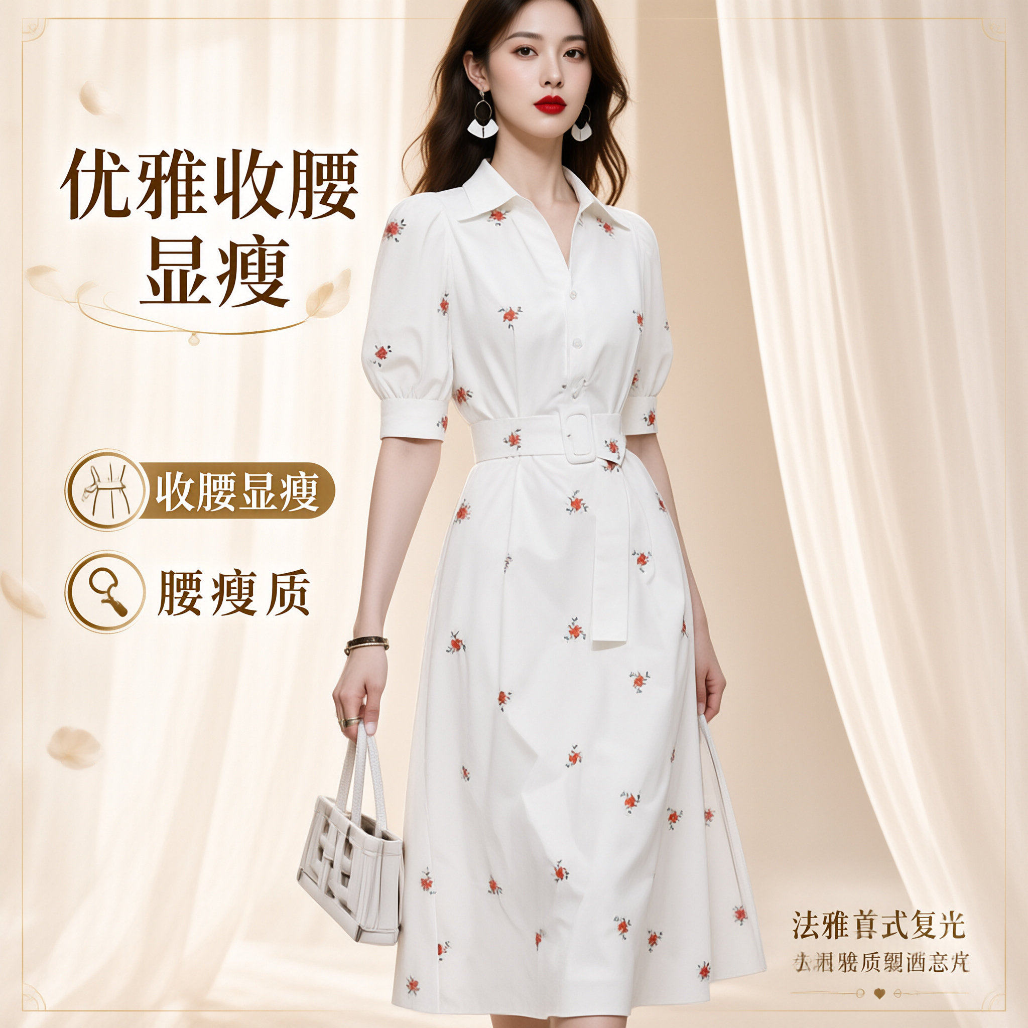 白色全棉泡泡袖衬衫连衣裙女夏新款气质绣花收腰显瘦减龄洋气长裙