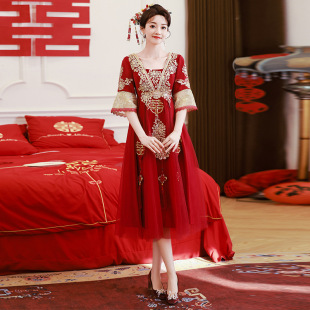 中式秀禾大码敬酒服孕妇酒红色蓬蓬裙新娘出阁宴订婚礼服遮肚长款