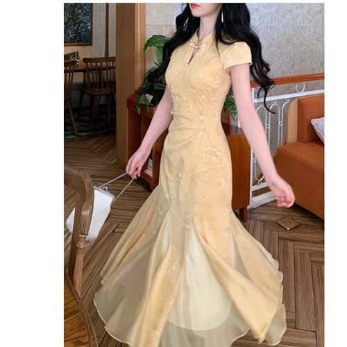 玉穗金澜改良旗袍女新中式黄色鱼尾 温婉气质订婚长款礼服连衣裙