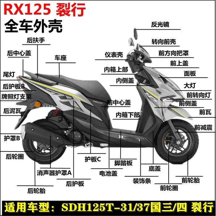 适用新大洲裂行SDH125T-31-37RX125摩托车侧盖板大灯面板全车外壳