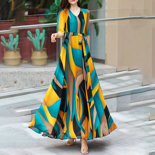 真丝桑蚕丝连衣裙收腰显瘦度假沙滩裙大摆长裙 法式 夏新款 高端时尚