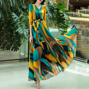 女神范印花真丝桑蚕丝连衣裙收腰大摆长裙子 高端时尚 2025夏季 新款