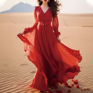 大摆长裙 沙滩海边度假旅游拍照真丝桑蚕丝连衣裙修身 长袖 超仙时尚