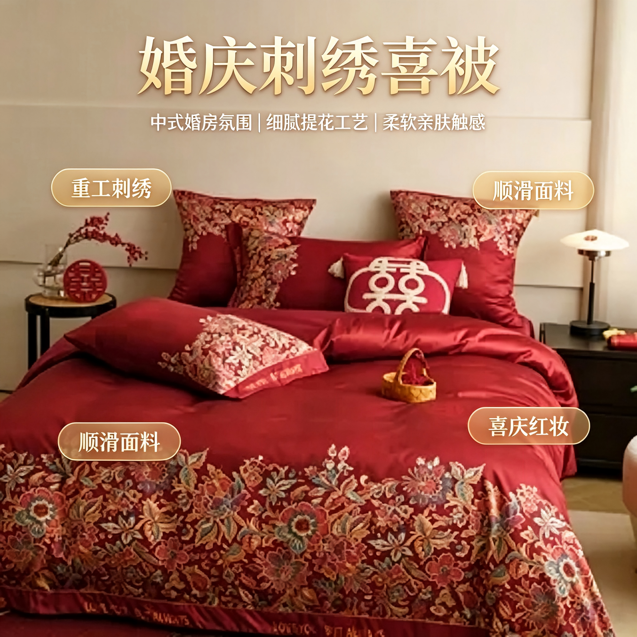新中式婚庆大红色全棉四件套纯棉结婚喜被套新婚床单床笠床上用品