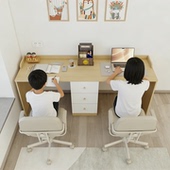 双人书桌书架一体靠墙家用两人电脑桌台式 并排带抽屉学习桌实木