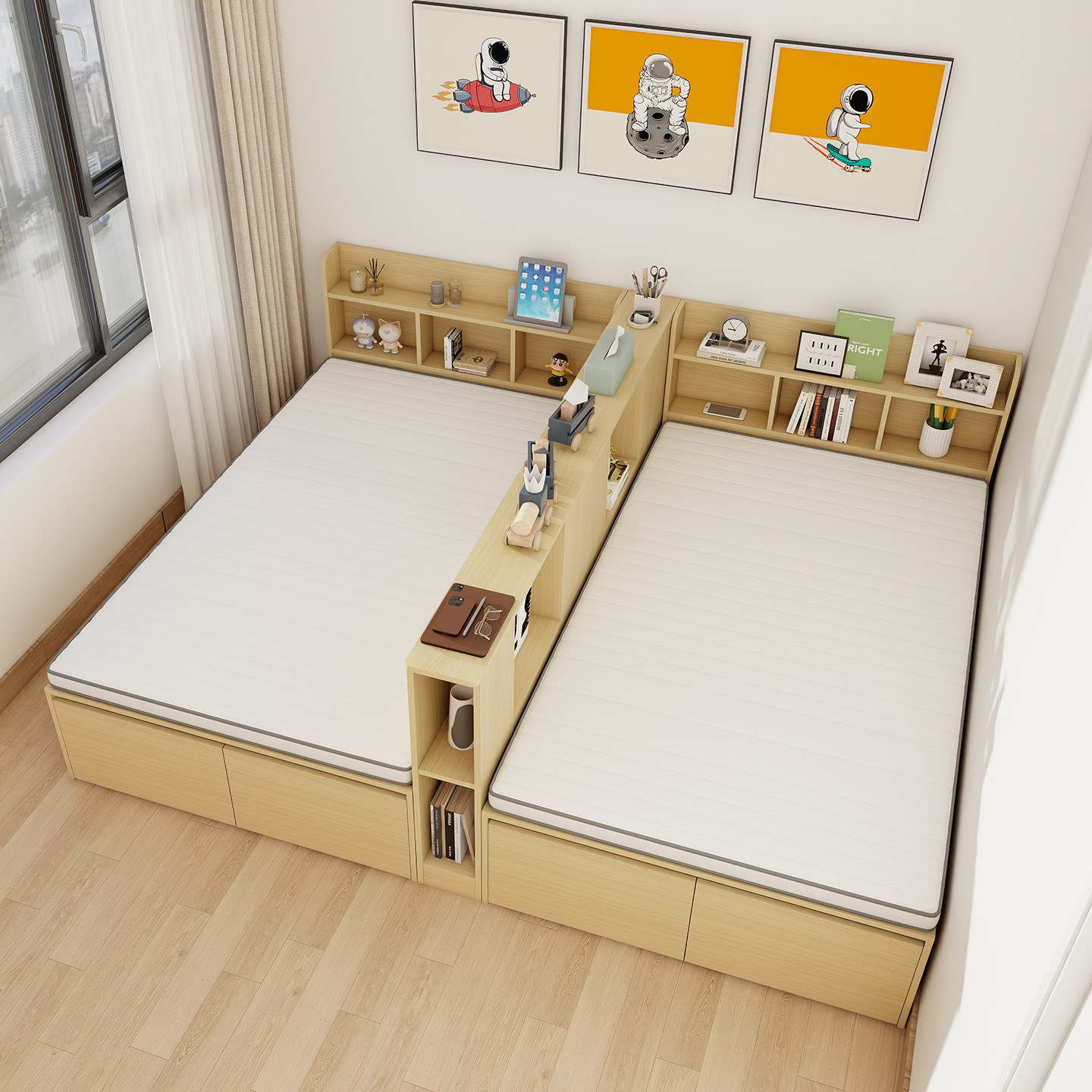 互不干扰双人床一房变两房隔断床双胞胎分隔床两个孩子一间房定制