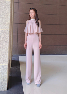 高腰显瘦连体裤 泰国潮牌女春夏新款 名媛OL气质性感露肩荷叶边长袖