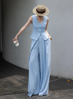 泰国潮牌女夏季浅蓝色无袖马甲套装优雅气质名媛礼服两件套松弛感