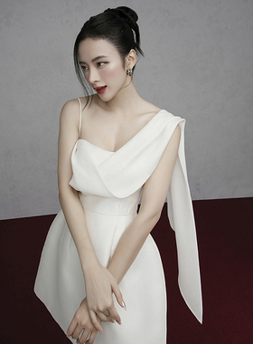 泰国潮牌女名媛高级感单肩优雅晚礼服连衣裙白色轻奢小众高端气质