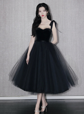 泰国潮牌女春名媛优雅蝴蝶结吊带性感抹胸景甜同款黑色礼服蓬蓬裙