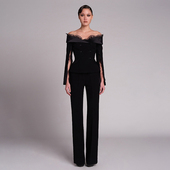 泰国潮牌女春秋高端名媛气质优雅高级感晚礼服宴会西装 一字肩套装