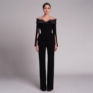泰国潮牌女春秋高端名媛气质优雅高级感晚礼服宴会西装 一字肩套装
