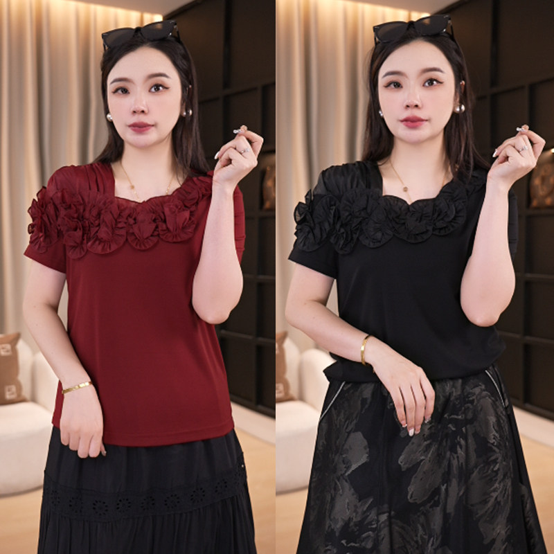 大码女装小衫遮肚子显瘦韩版短袖设计感夏季上衣13859