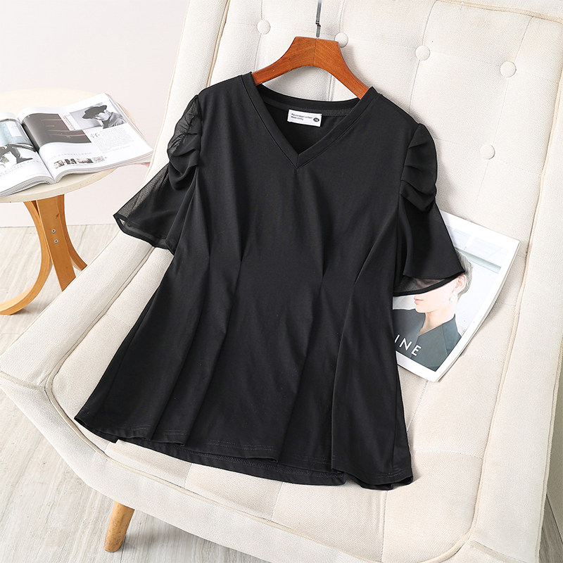 伊自尚2023年新款女装韩版大码女装上衣夏季气质V领收腰显瘦衬衫
