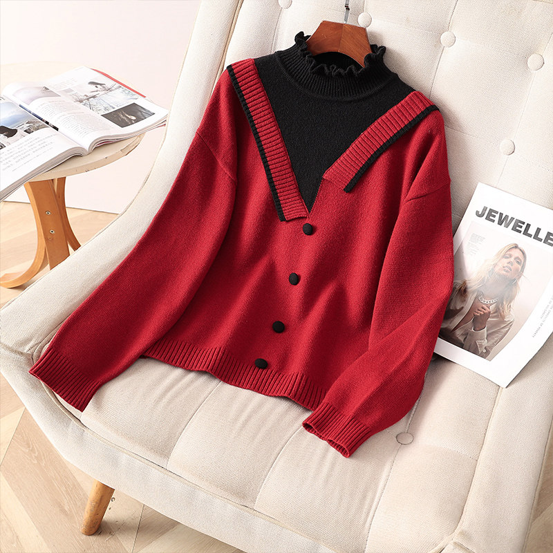 伊自尚2024新款韩版胖mm假两件半高领打底针织衫春季内搭大码上衣