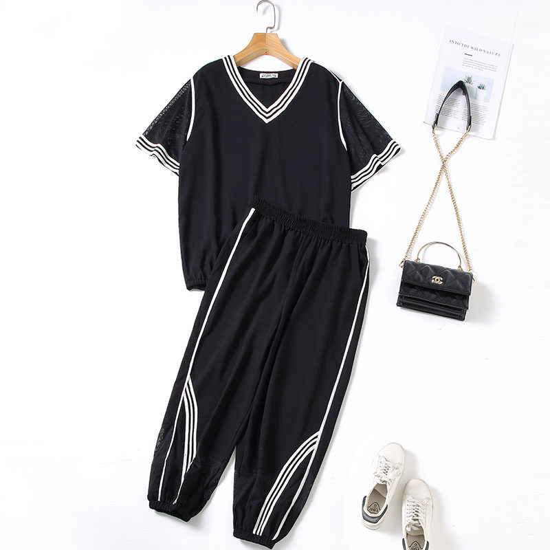 伊自尚大码女装2020年新款胖mm夏装宽松短袖衫显瘦遮肉套装两件套