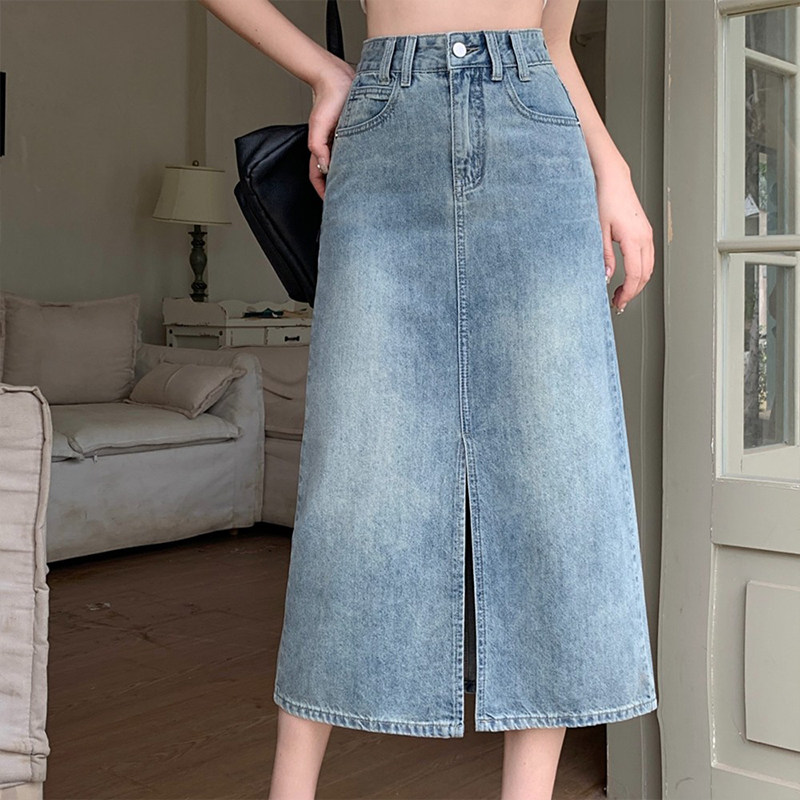 伊自尚2023年夏季新款大码胖mm高腰显瘦中长款开叉牛仔半身裙女潮