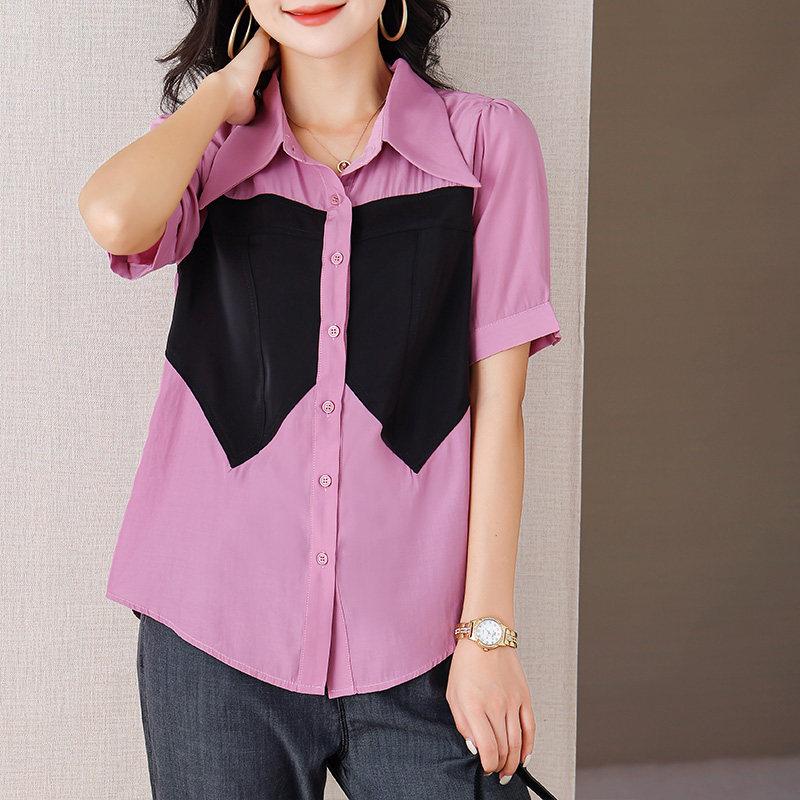伊自尚2023年新款女装大码胖mm宽松时尚拼接假两件v领设计感衬衫