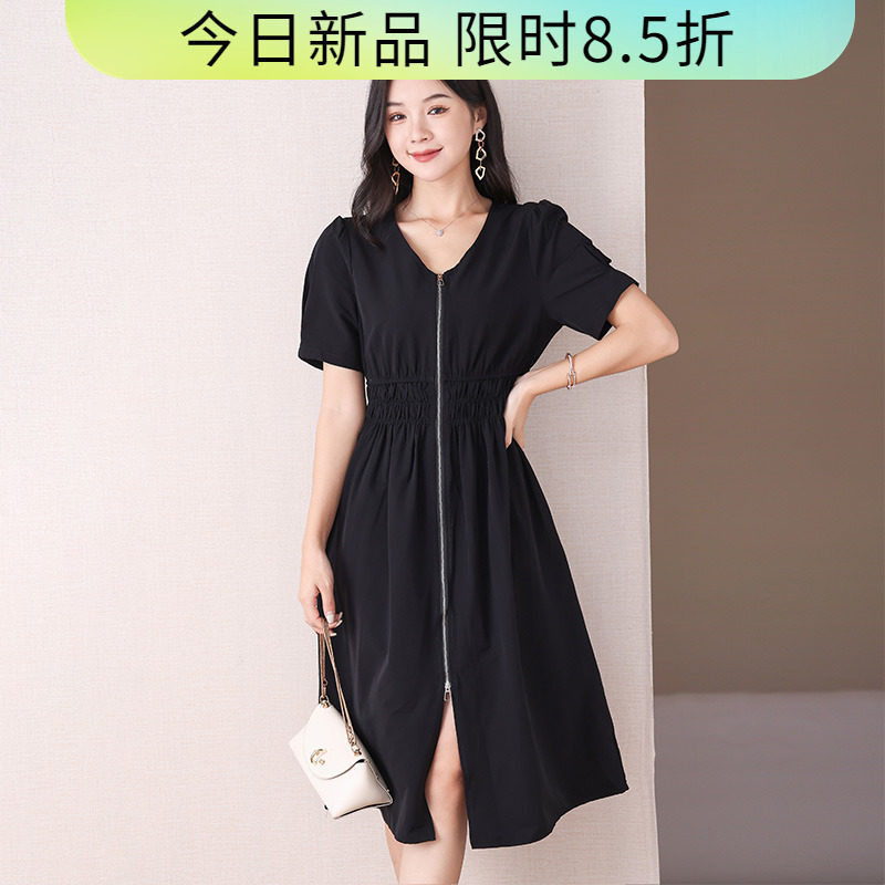 伊自尚胖mm法式时尚气质收腰V领短袖百褶连衣裙2023新款大码女装