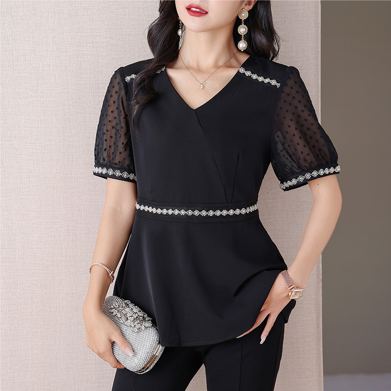 伊自尚大码女装2024年夏季新款微胖mm宽松遮肉显瘦钉珠雪纺衫上衣