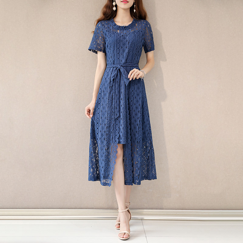 伊自尚大码女装2020新款夏气质洋气蕾丝连衣裙遮肚显瘦胖mm仙女裙