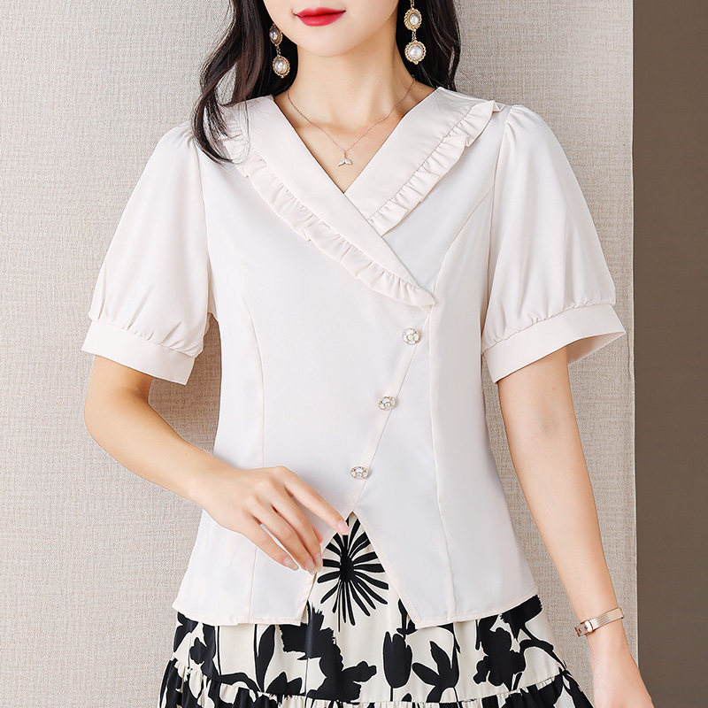 伊自尚2023新款女装大码胖mm夏季法式v领气质显瘦时尚百搭雪纺衫