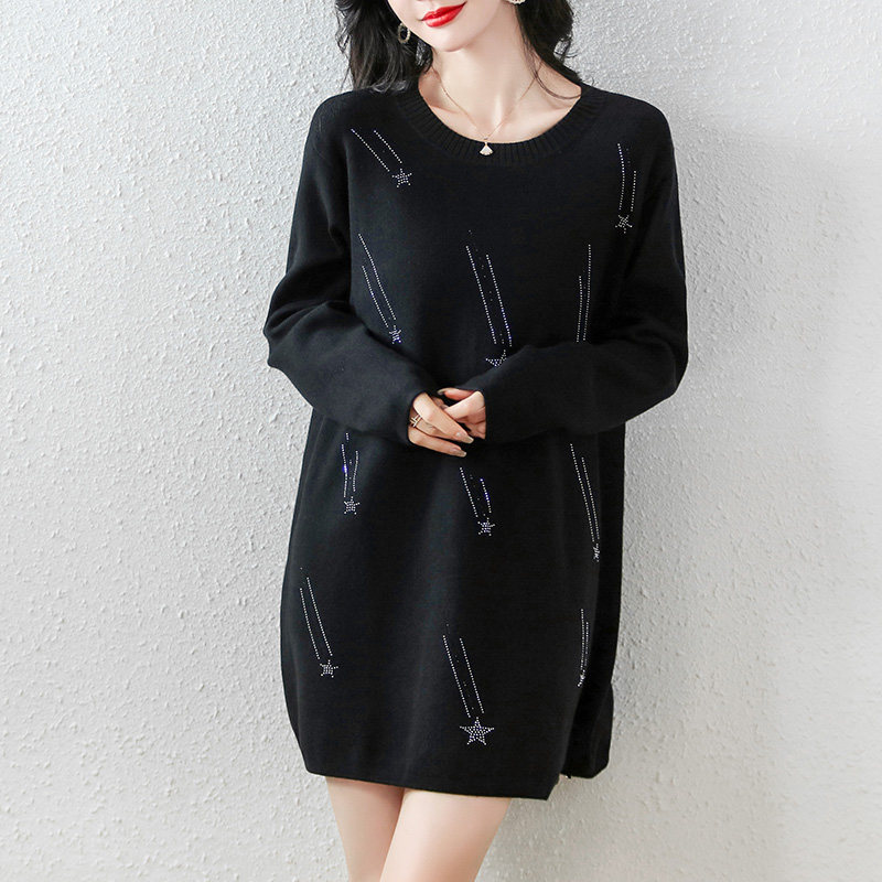 2024春季新款黑色毛衣女大码装胖MM宽松显瘦上衣烫钻中长款针织衫