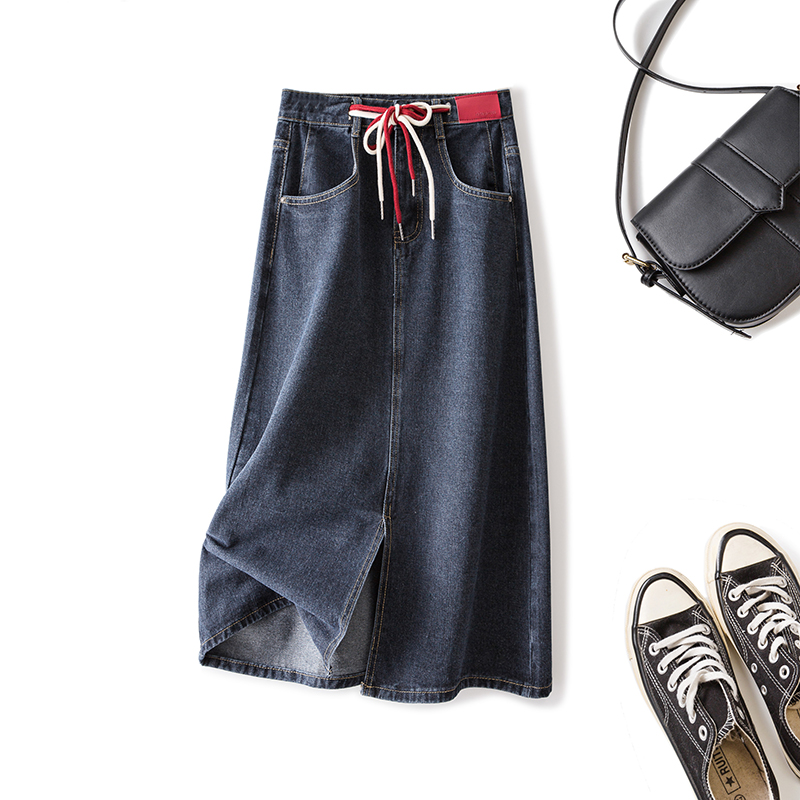 伊自尚2024年春季新款女装韩版大码胖mm抽绳开叉复古牛仔半身裙女