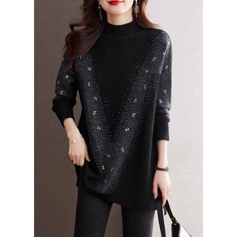 2023冬季新款半高领毛衣女长袖慵懒风休闲烫钻宽松显瘦胖MM上衣潮