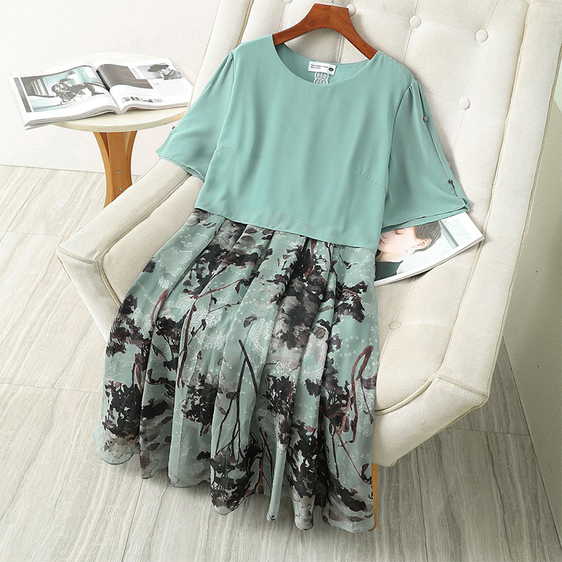 伊自尚2024年新款韩版胖mm大码女装夏季时尚百搭拼接显瘦连衣裙女