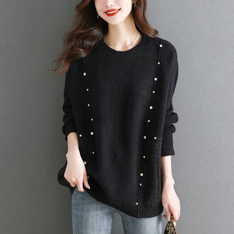 2024春季新款毛衣女黑色烫钻胖mm宽松显瘦针织衫大码女装时尚上衣