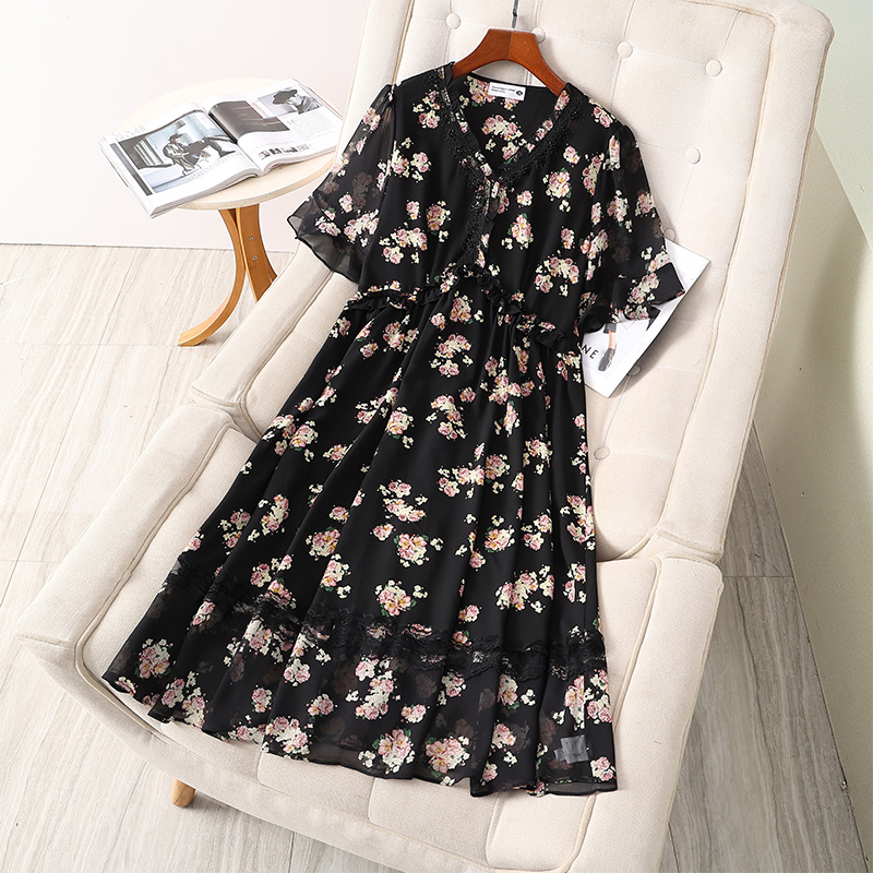 伊自尚2024年新款胖mm大码女装时尚夏季气质洋气v领碎花连衣裙女