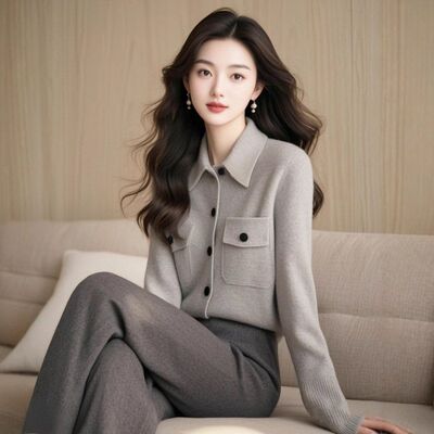 2025秋冬季穿搭一整套高级感减龄漂亮洋气气质灰色针织开衫套装女