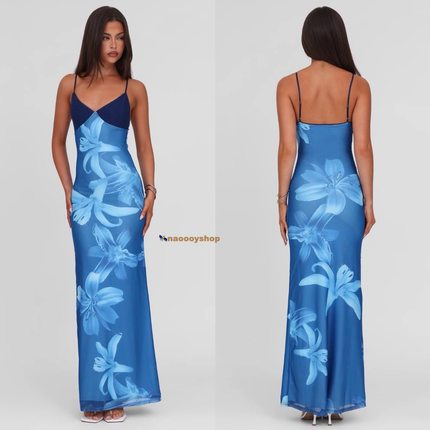 正品代购tigermist迷幻气质款深蓝海底百合吊带包臀连衣裙显身材