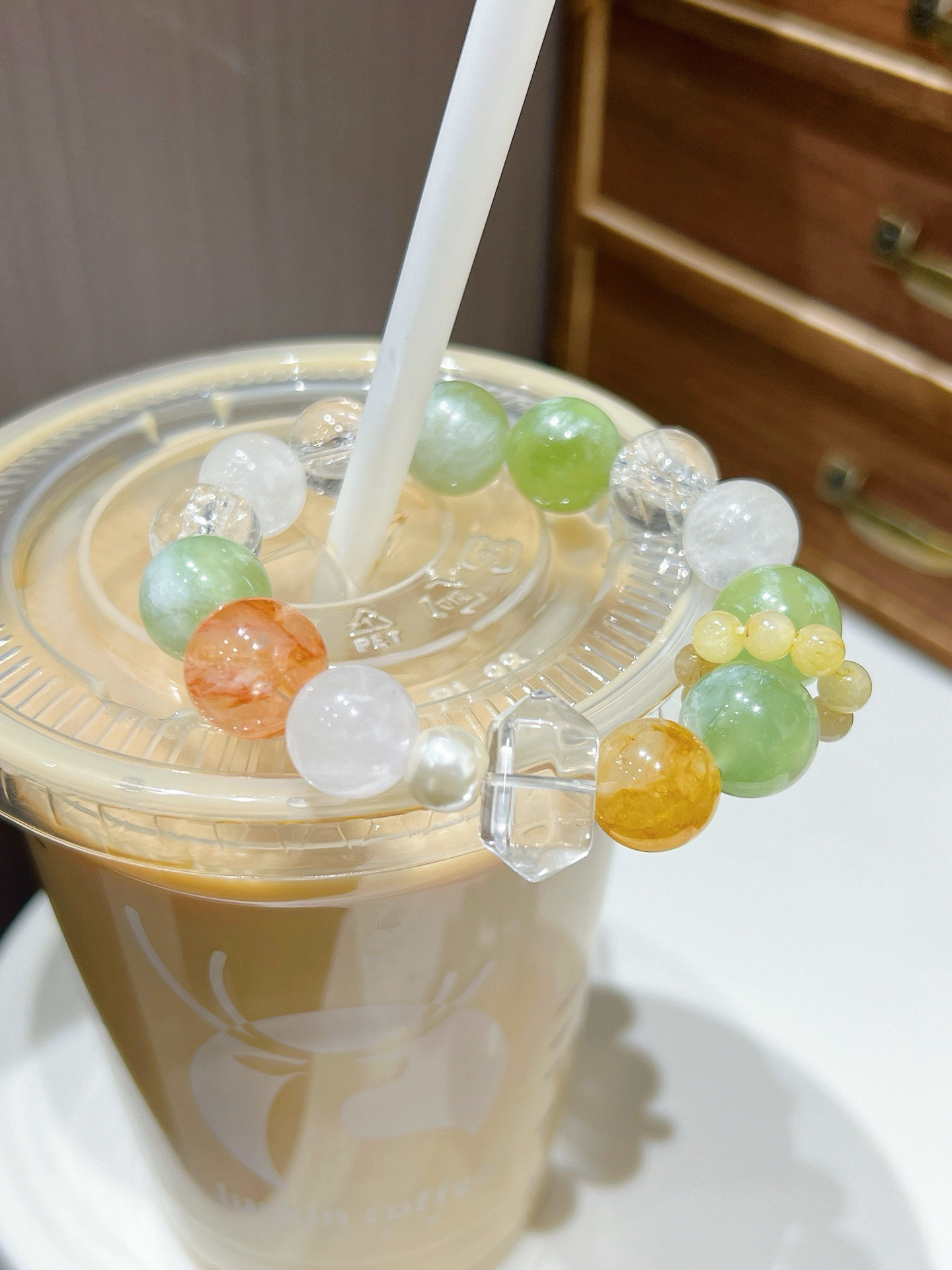 青提奶盖夏天的感觉 天然白阿塞红胶花黄胶花岫玉青提手串清新