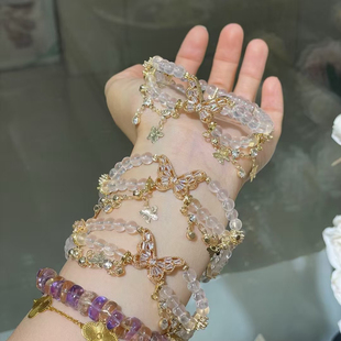 天然白水晶手链女款招桃花转运珠闺蜜礼物蝴蝶结闺蜜生日礼物