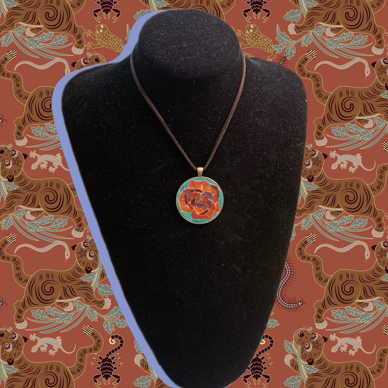 玥森活｜玫瑰故事 原创设计 纯手工剪切镶嵌项链吊坠 配皮绳 法式