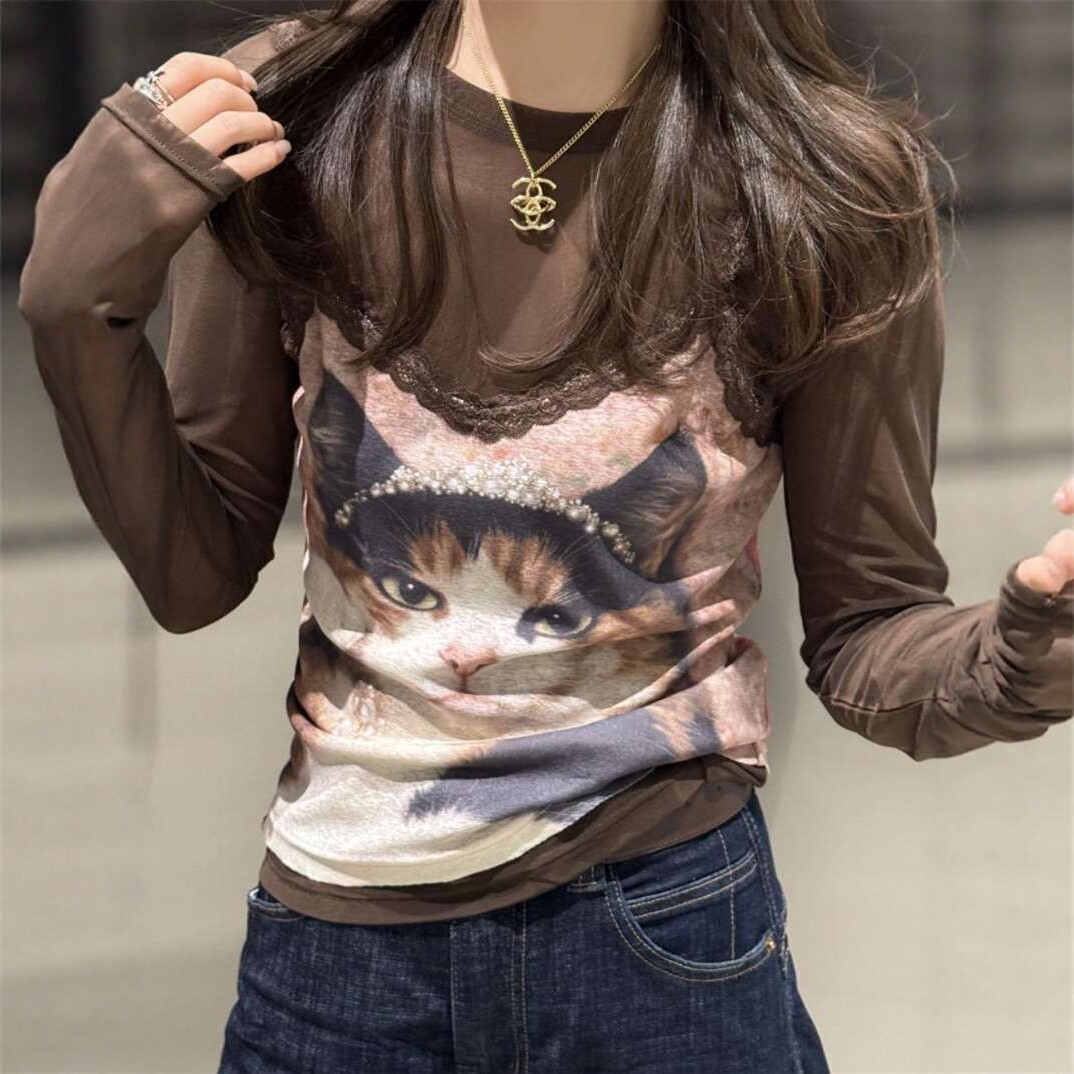皇冠装扮猫咪印花网纱T恤女上衣