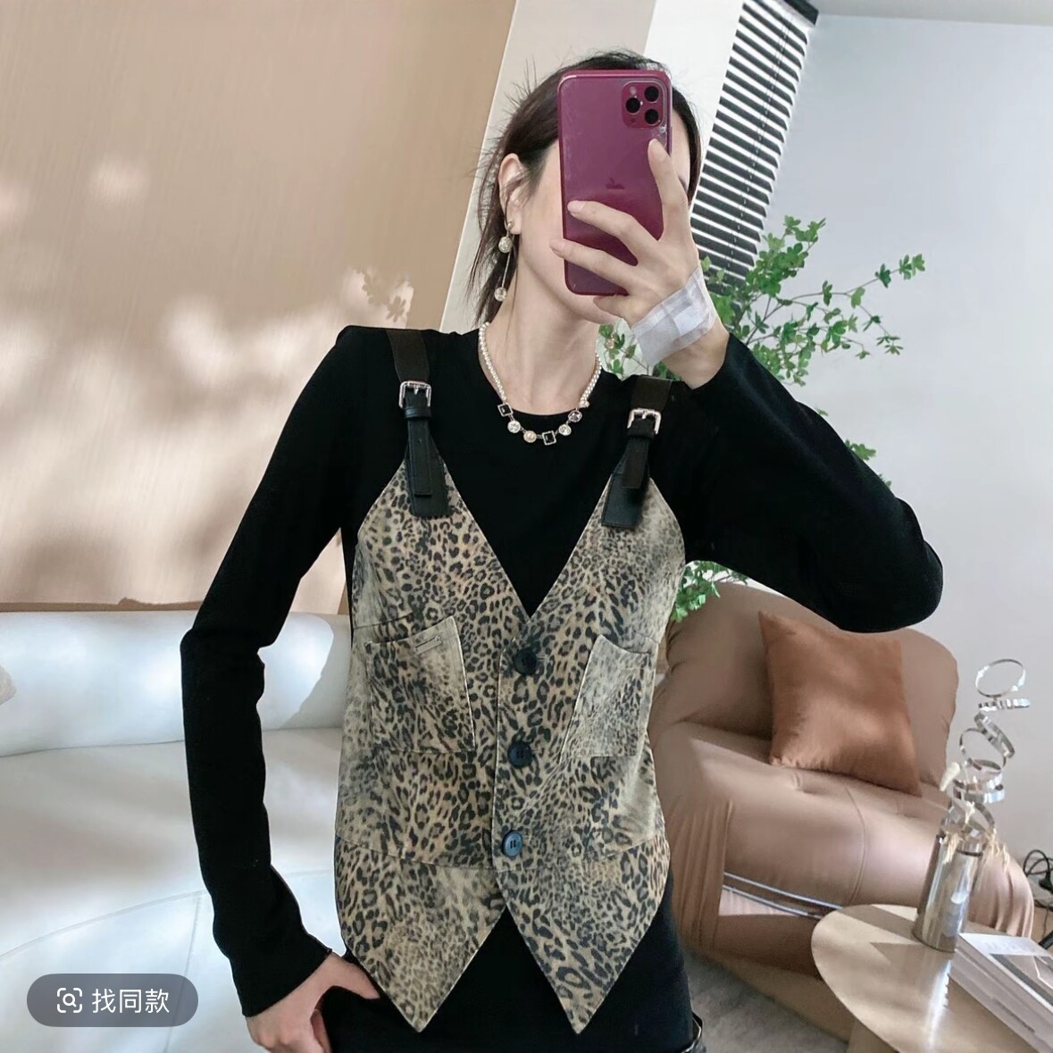 设计感豹纹假两件T恤女时尚上衣