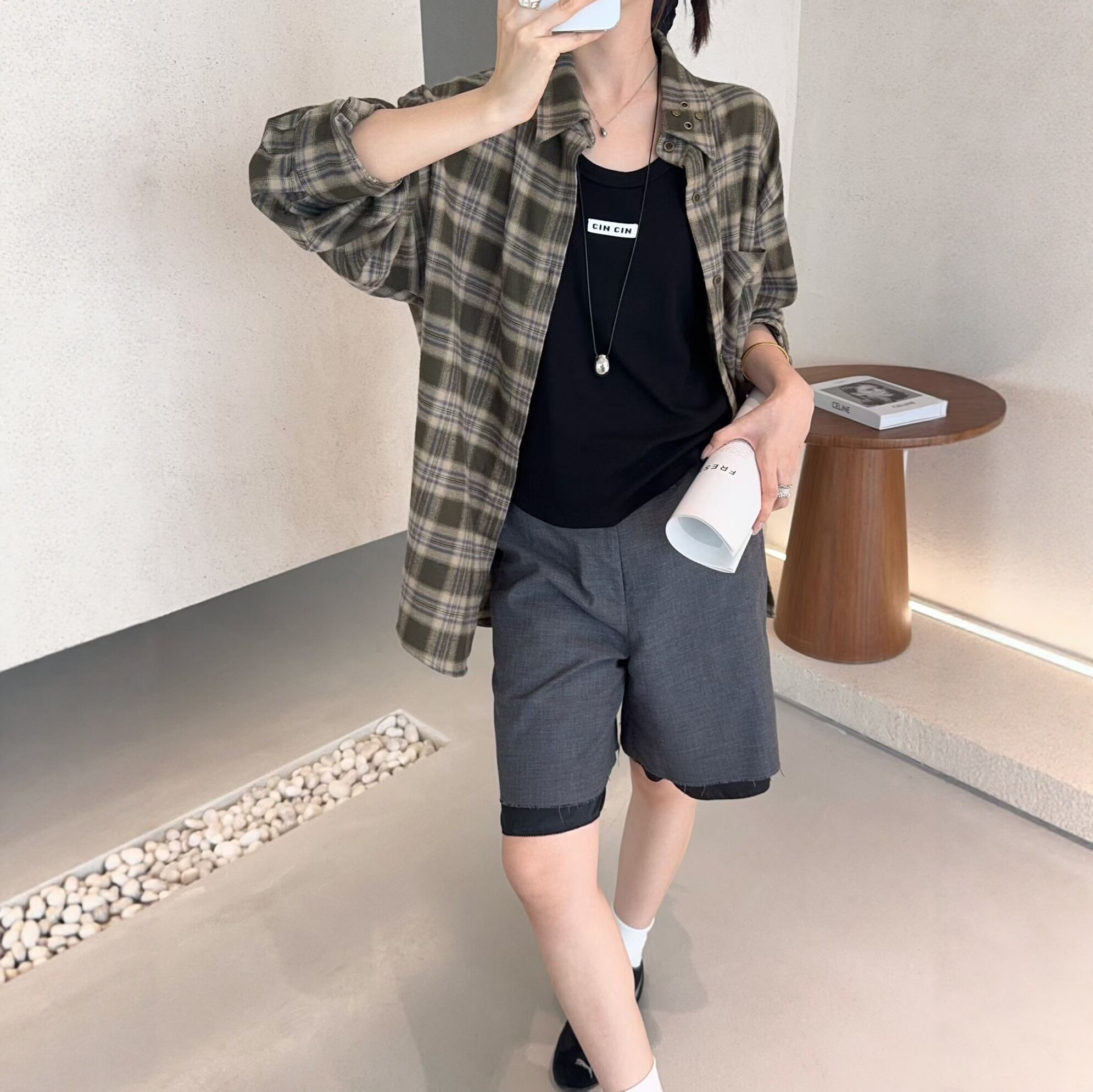美式个性复古撞色格纹柳钉衬衫女