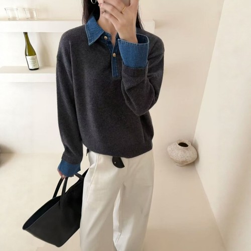 拼接牛仔假两件针织衫女宽松毛衣